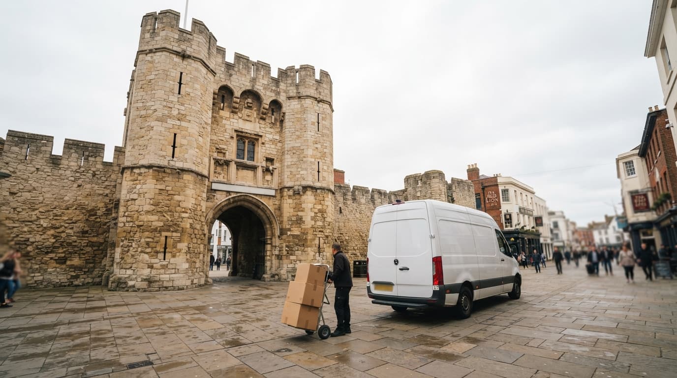 Man and van in Southampton loading a removals van beside the medieval Bargate gateway